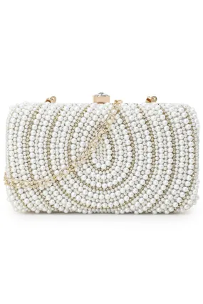 Adorn White & Gold Faux Silk Embellished Pearl Work Box Clutch