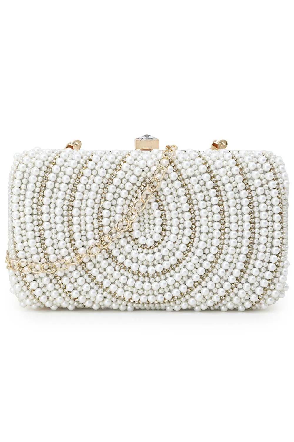 Adorn White & Gold Faux Silk Embellished Pearl Work Box Clutch