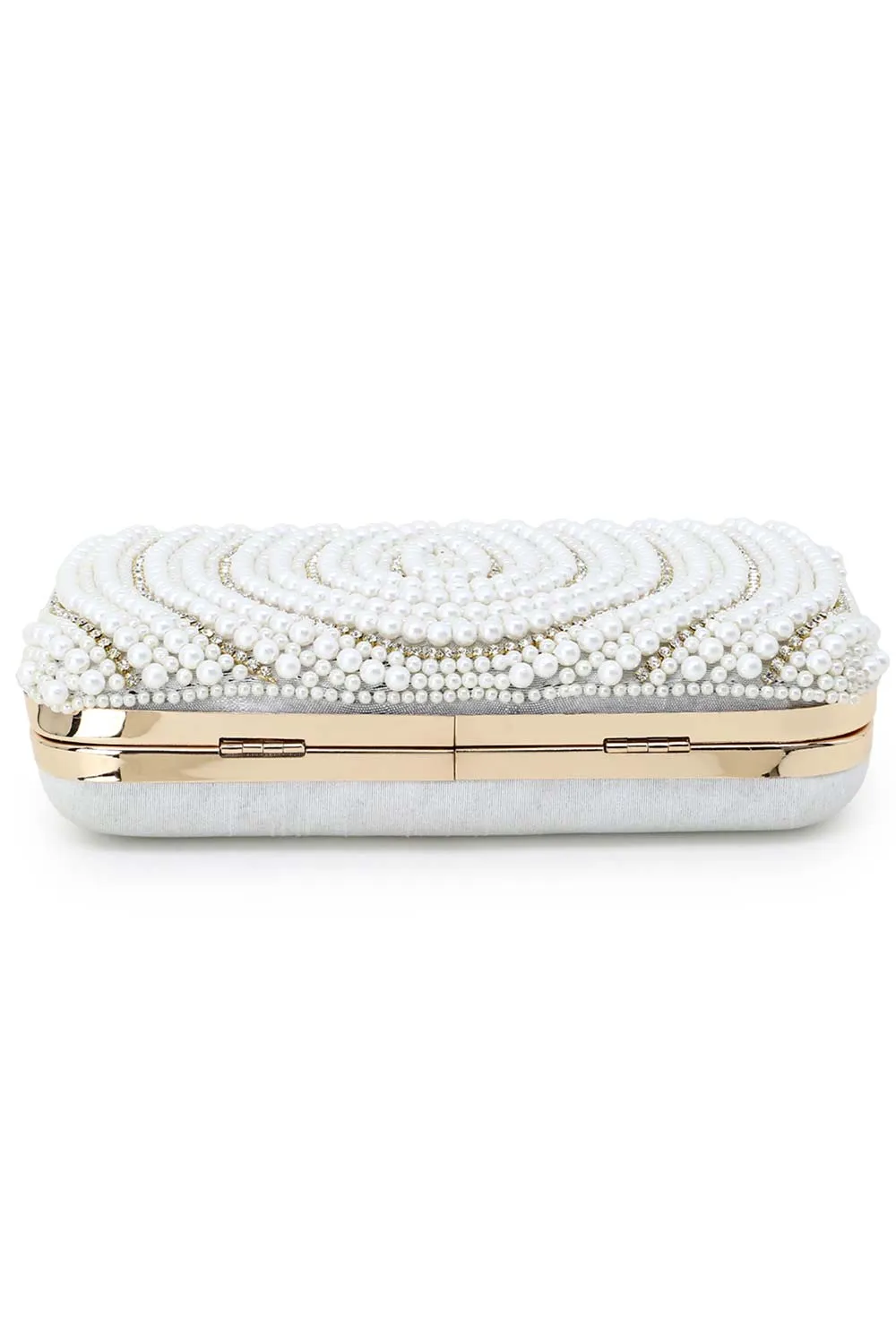 Adorn White & Gold Faux Silk Embellished Pearl Work Box Clutch