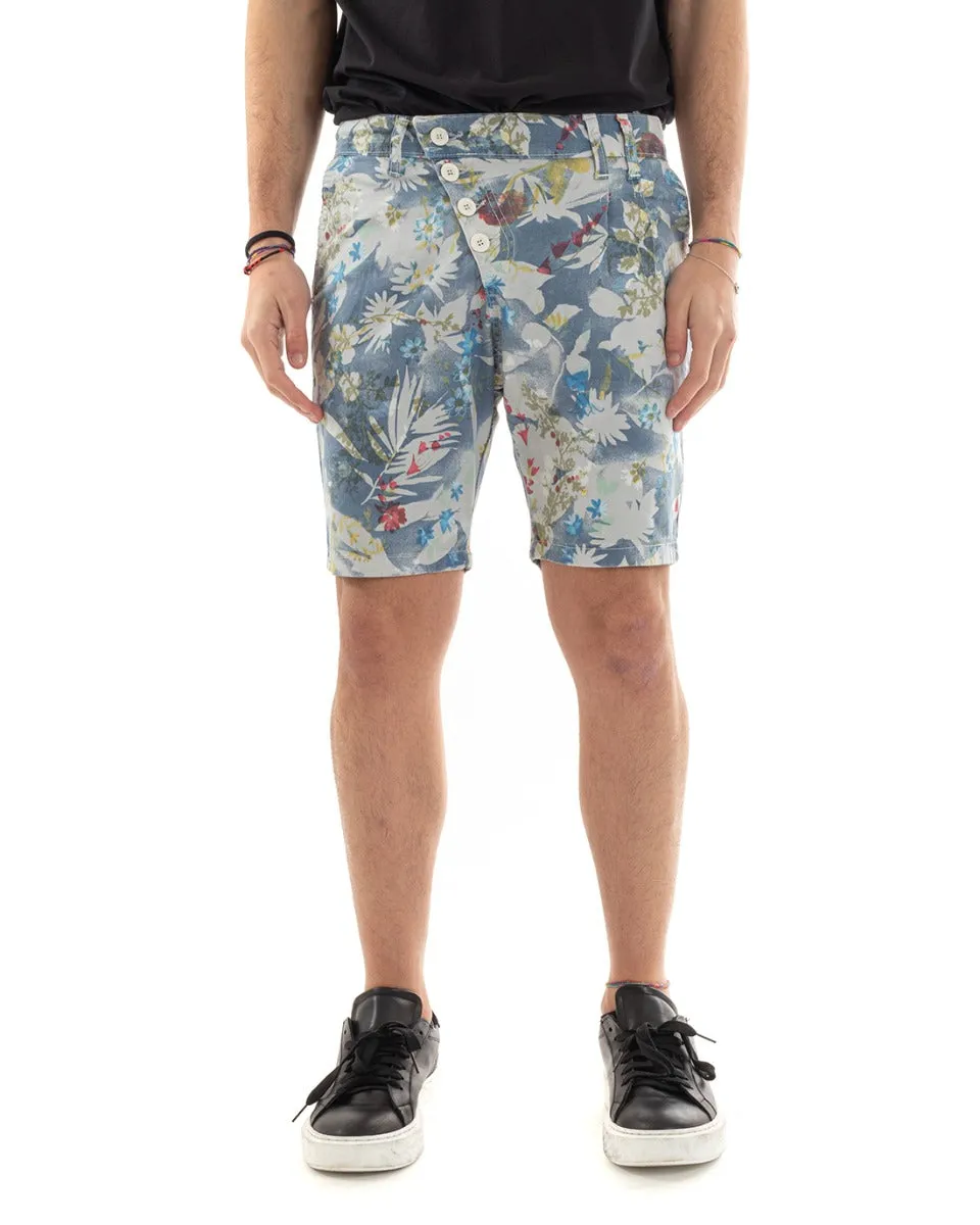 Bermuda Cotone Pantaloncino Uomo Shorts Floreale Bottoni Celeste GIOSAL-PC1909A