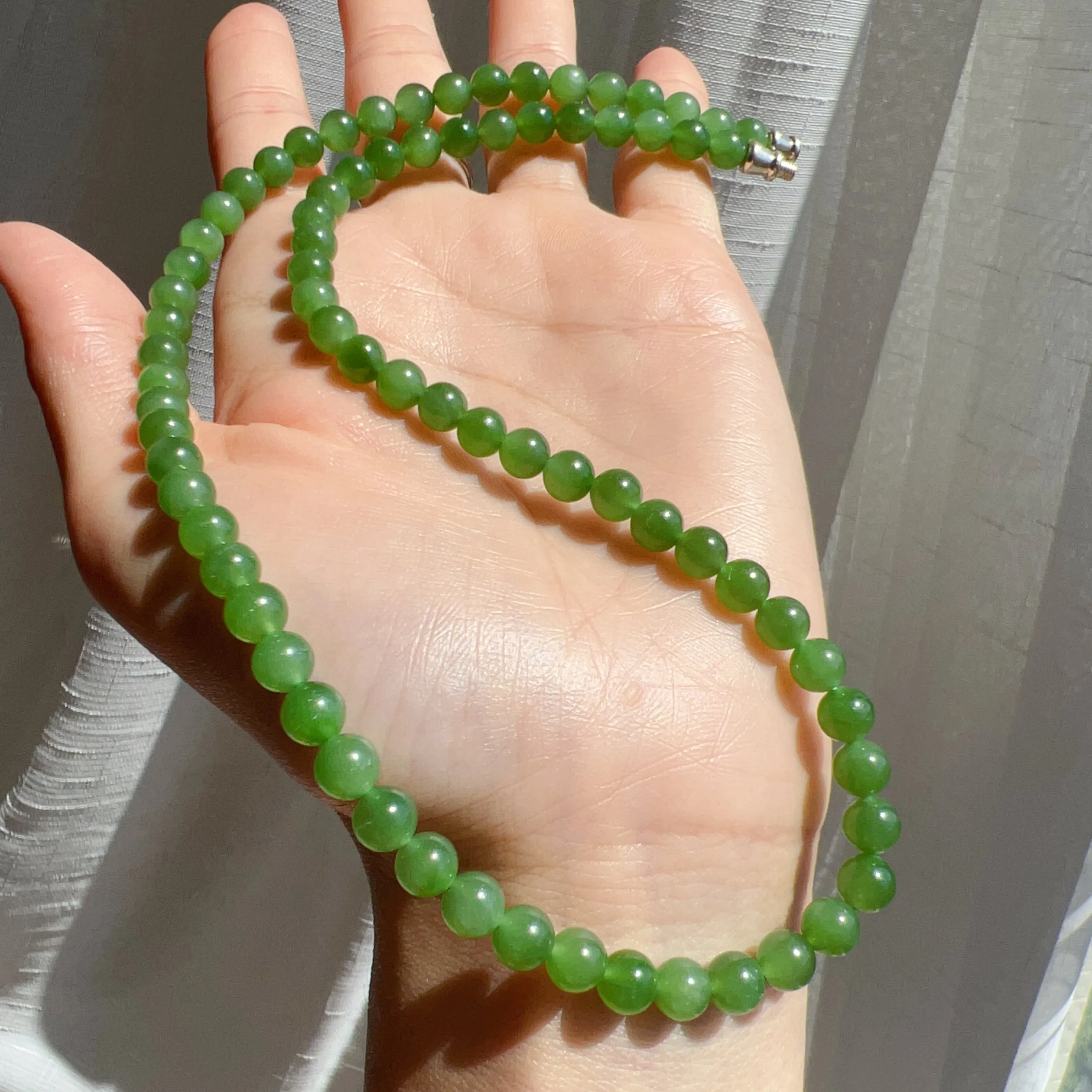 Best Color Green Nephrite Jade Beaded Necklace with 925 Sterling Silver Clasp | Natural Heart Chakra Healing Stone Jewelry