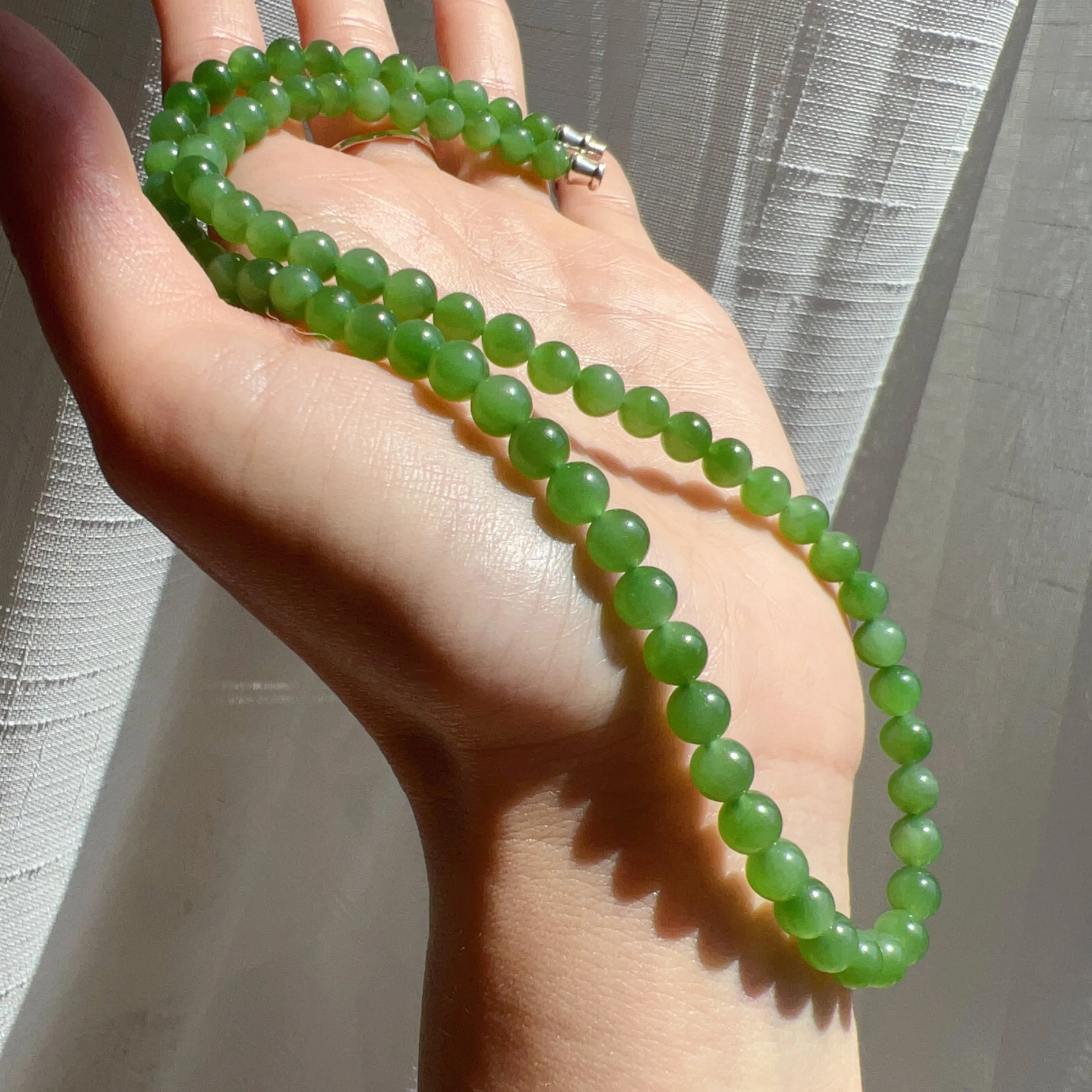 Best Color Green Nephrite Jade Beaded Necklace with 925 Sterling Silver Clasp | Natural Heart Chakra Healing Stone Jewelry