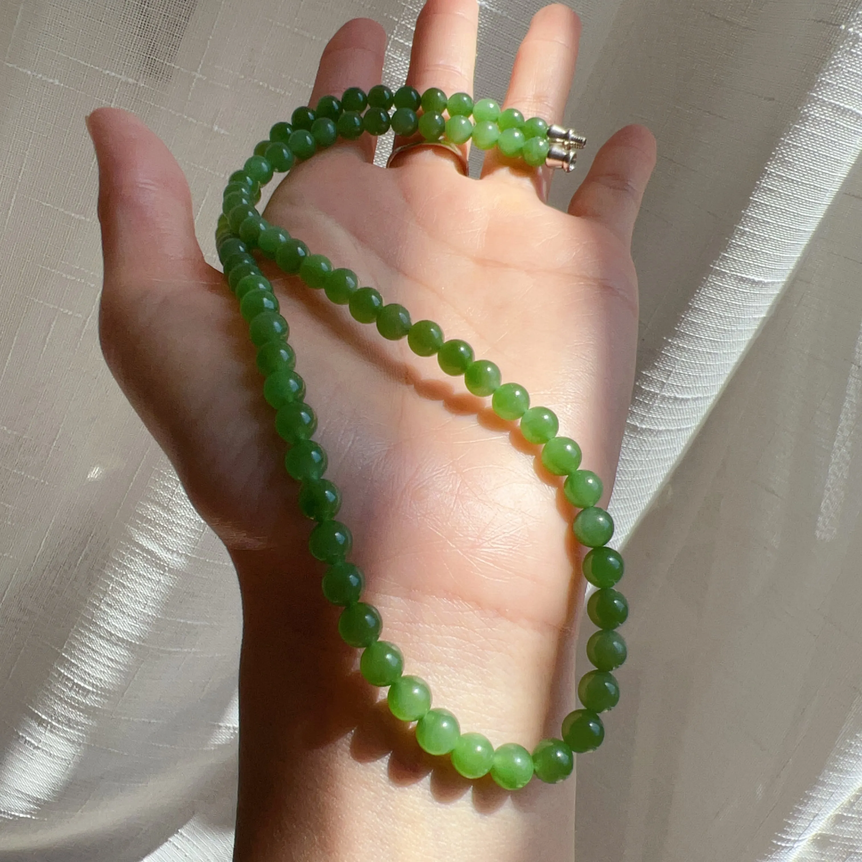 Best Color Green Nephrite Jade Beaded Necklace with 925 Sterling Silver Clasp | Natural Heart Chakra Healing Stone Jewelry