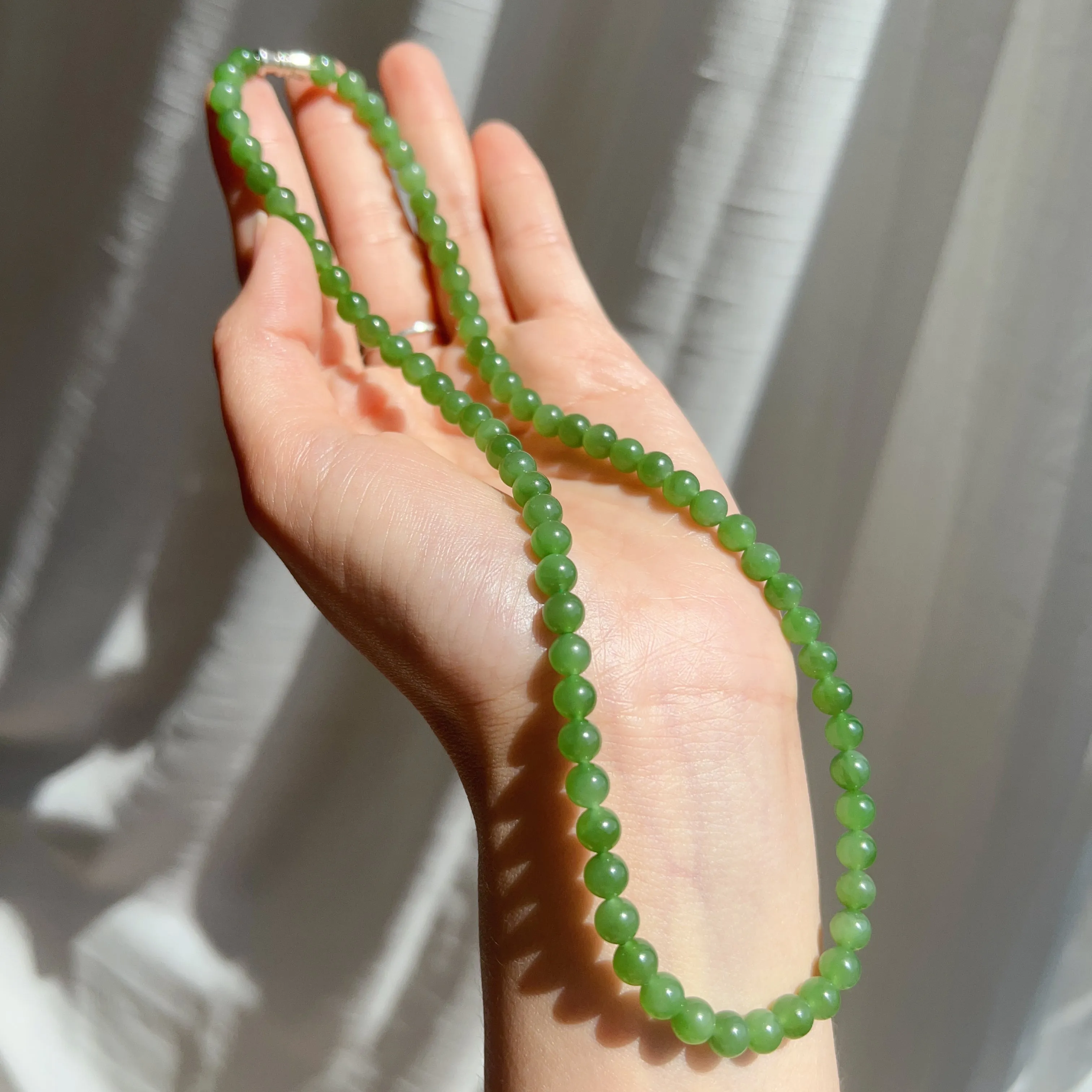 Best Color Green Nephrite Jade Beaded Necklace with 925 Sterling Silver Clasp | Natural Heart Chakra Healing Stone Jewelry