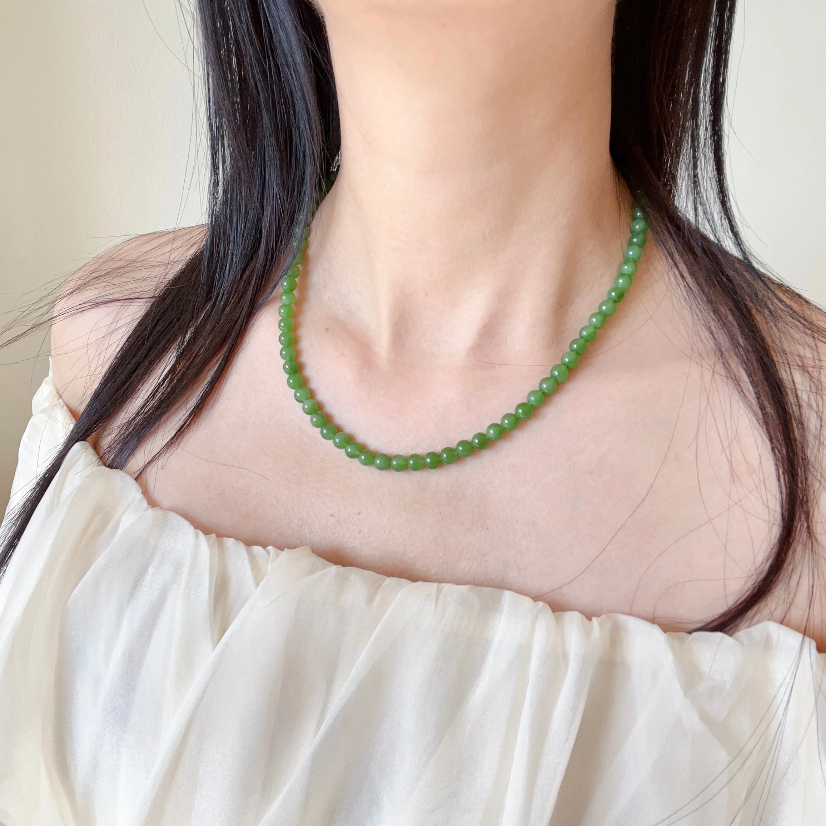 Best Color Green Nephrite Jade Beaded Necklace with 925 Sterling Silver Clasp | Natural Heart Chakra Healing Stone Jewelry