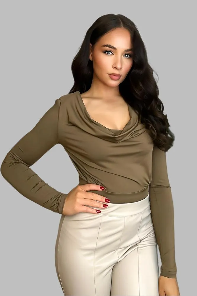 Brown Cowl Neck Power Shoulders Slinky Bodysuit