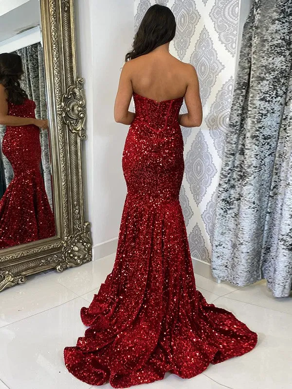 Burgundy Sheath Sweetheart Sleeveless Long Court Train Velvet Sequin Prom Dress (AF1034)