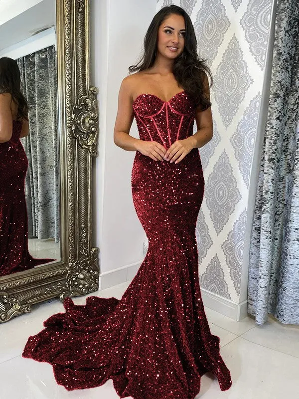 Burgundy Sheath Sweetheart Sleeveless Long Court Train Velvet Sequin Prom Dress (AF1034)