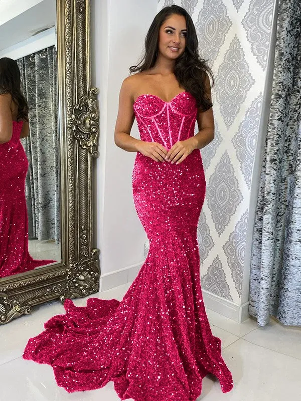 Burgundy Sheath Sweetheart Sleeveless Long Court Train Velvet Sequin Prom Dress (AF1034)