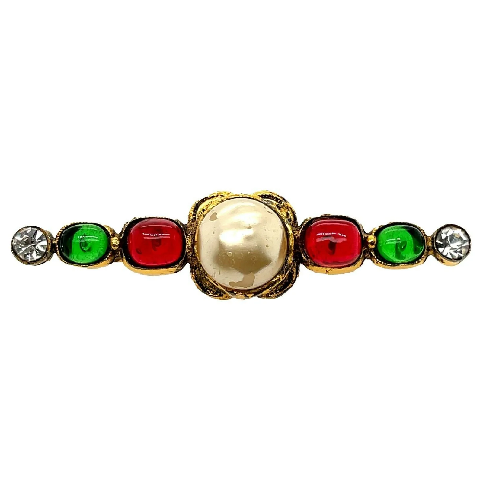 CHANEL - 1985 Vintage Gripoix and Faux Pearl / Red/ Green/ Gold Pin / Brooch