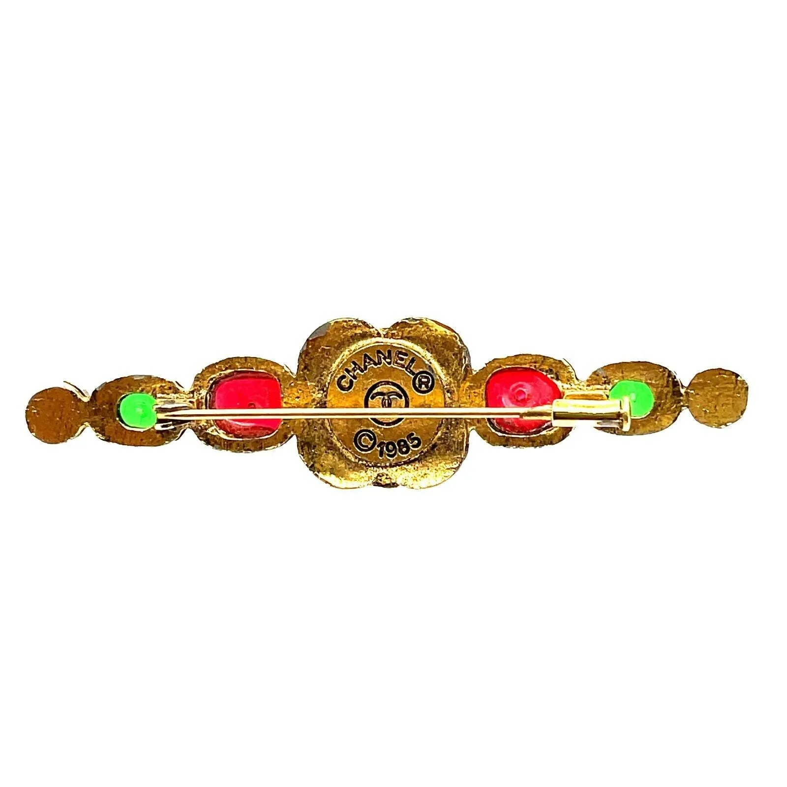 CHANEL - 1985 Vintage Gripoix and Faux Pearl / Red/ Green/ Gold Pin / Brooch