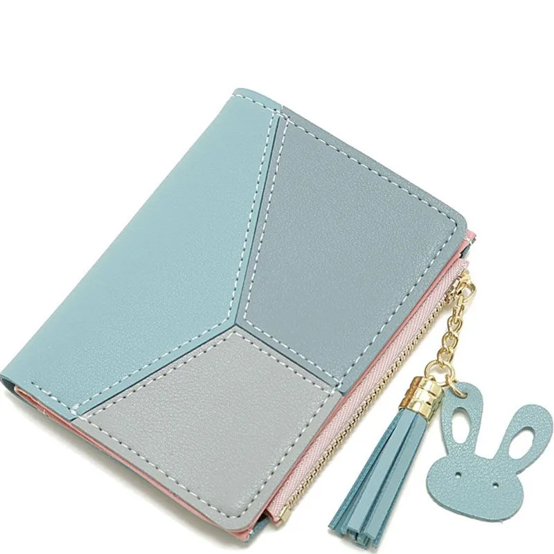 Compact Faux Leather Bi Fold Zipper Pocket Wallet Color Block Credit Card Wallets