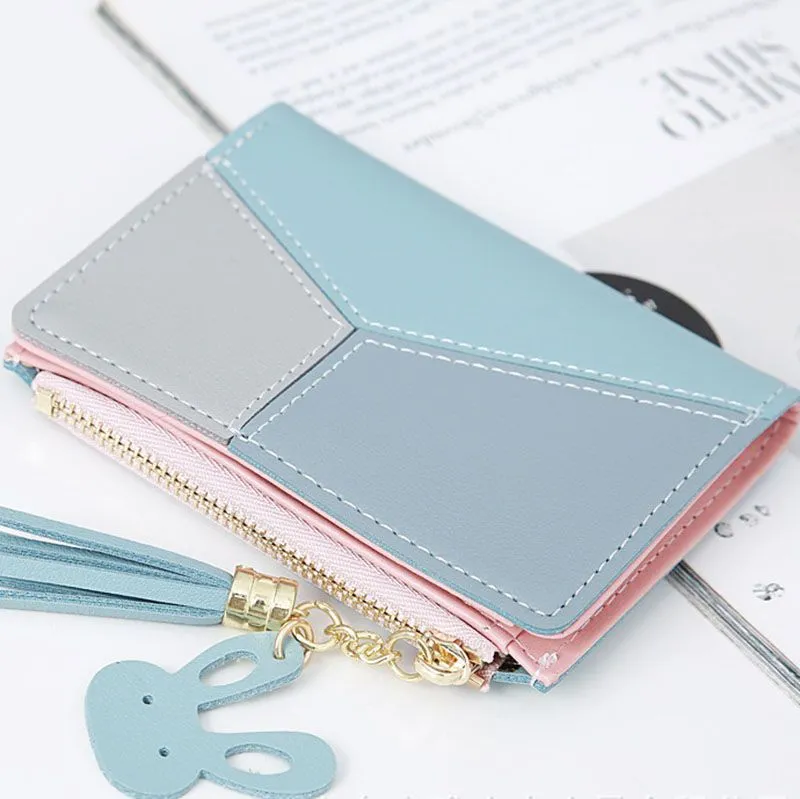 Compact Faux Leather Bi Fold Zipper Pocket Wallet Color Block Credit Card Wallets