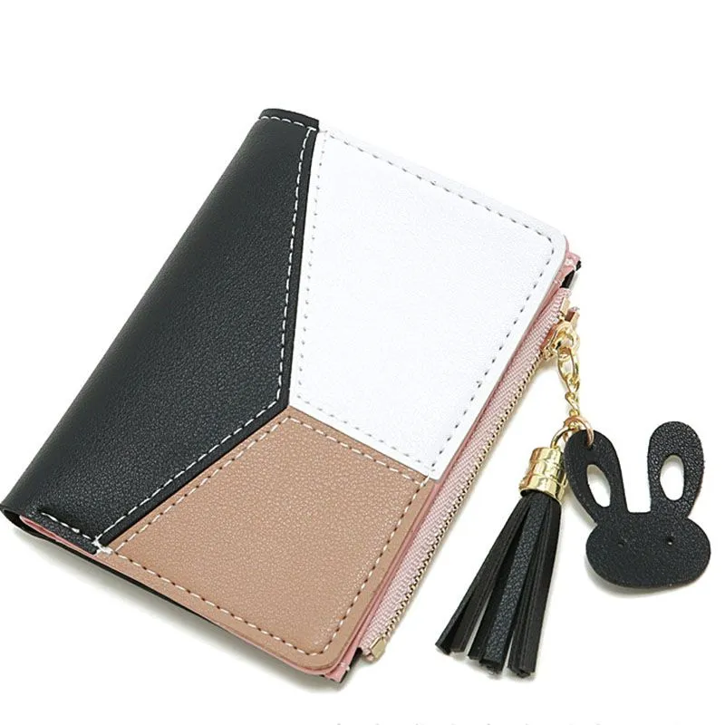 Compact Faux Leather Bi Fold Zipper Pocket Wallet Color Block Credit Card Wallets