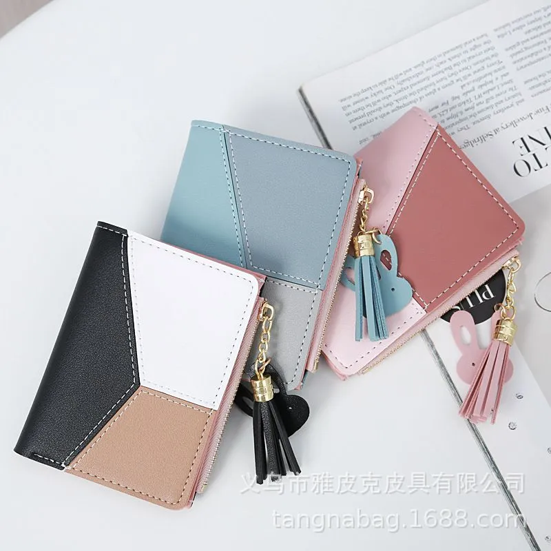 Compact Faux Leather Bi Fold Zipper Pocket Wallet Color Block Credit Card Wallets