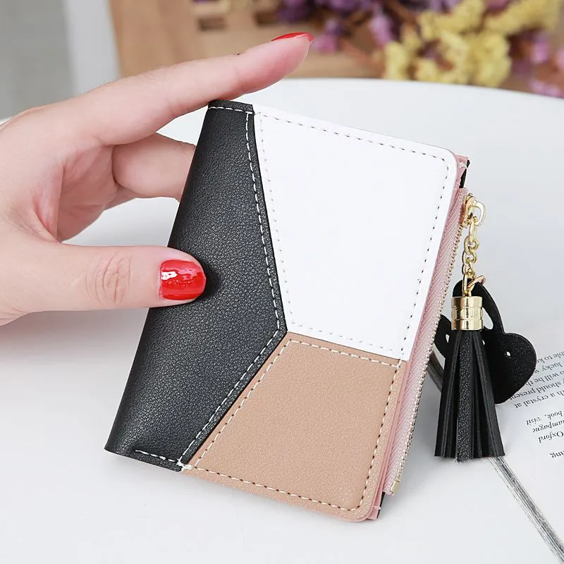 Compact Faux Leather Bi Fold Zipper Pocket Wallet Color Block Credit Card Wallets