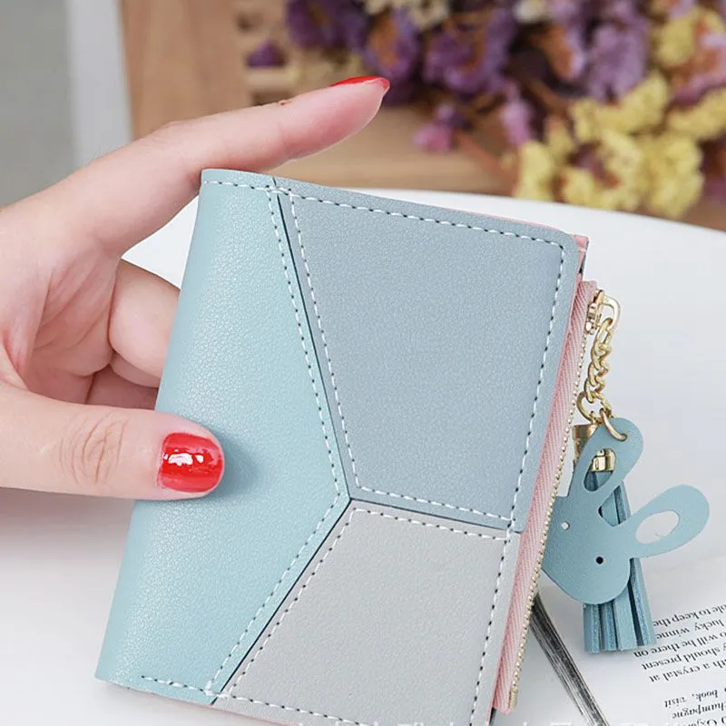 Compact Faux Leather Bi Fold Zipper Pocket Wallet Color Block Credit Card Wallets