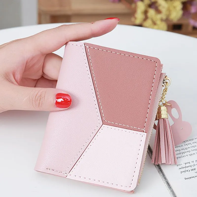 Compact Faux Leather Bi Fold Zipper Pocket Wallet Color Block Credit Card Wallets