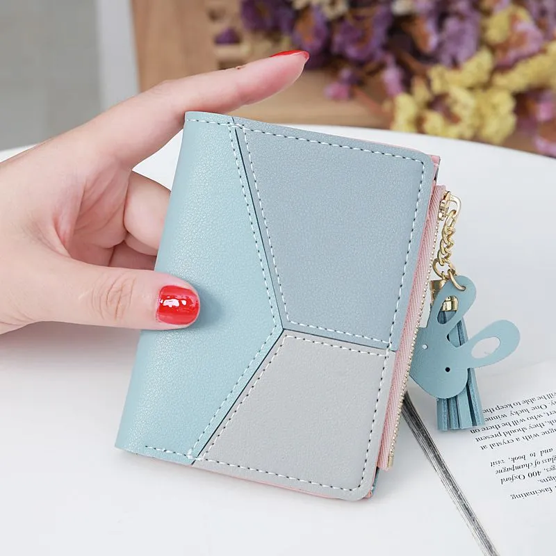 Compact Faux Leather Bi Fold Zipper Pocket Wallet Color Block Credit Card Wallets