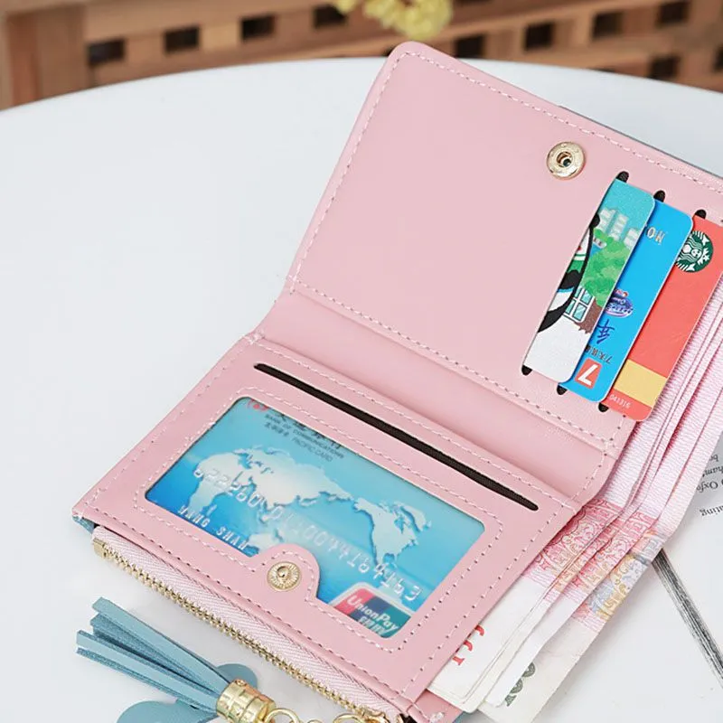 Compact Faux Leather Bi Fold Zipper Pocket Wallet Color Block Credit Card Wallets