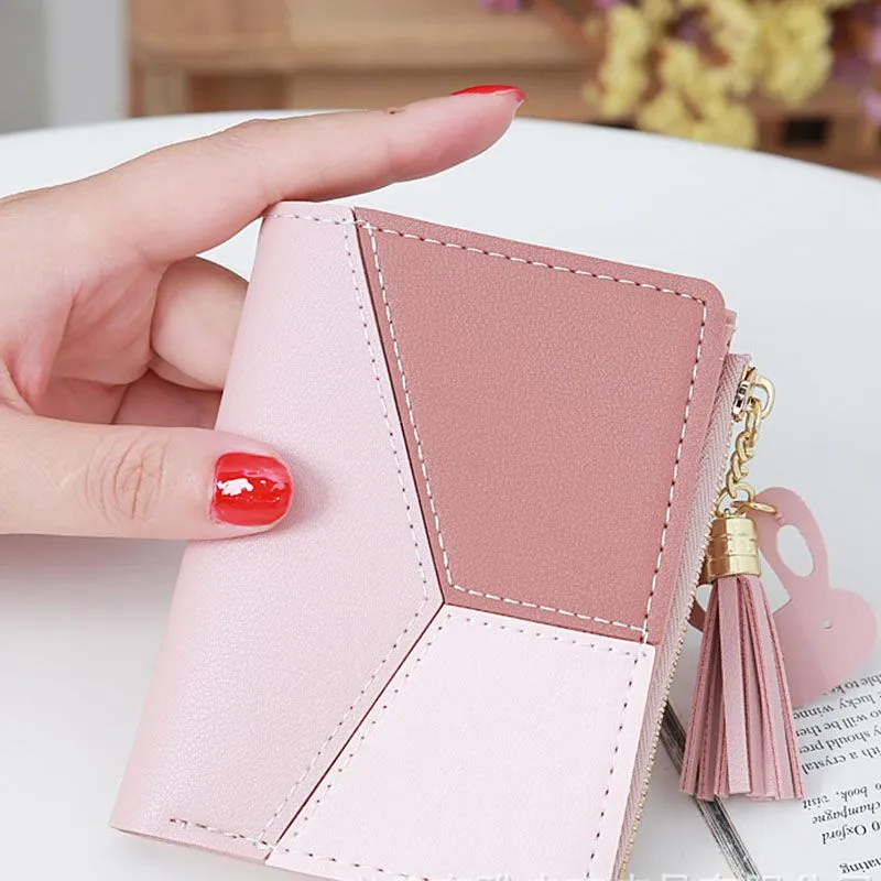 Compact Faux Leather Bi Fold Zipper Pocket Wallet Color Block Credit Card Wallets