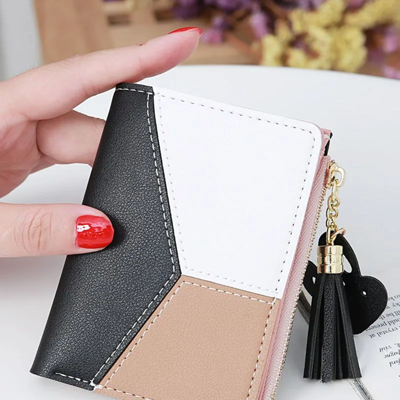 Compact Faux Leather Bi Fold Zipper Pocket Wallet Color Block Credit Card Wallets