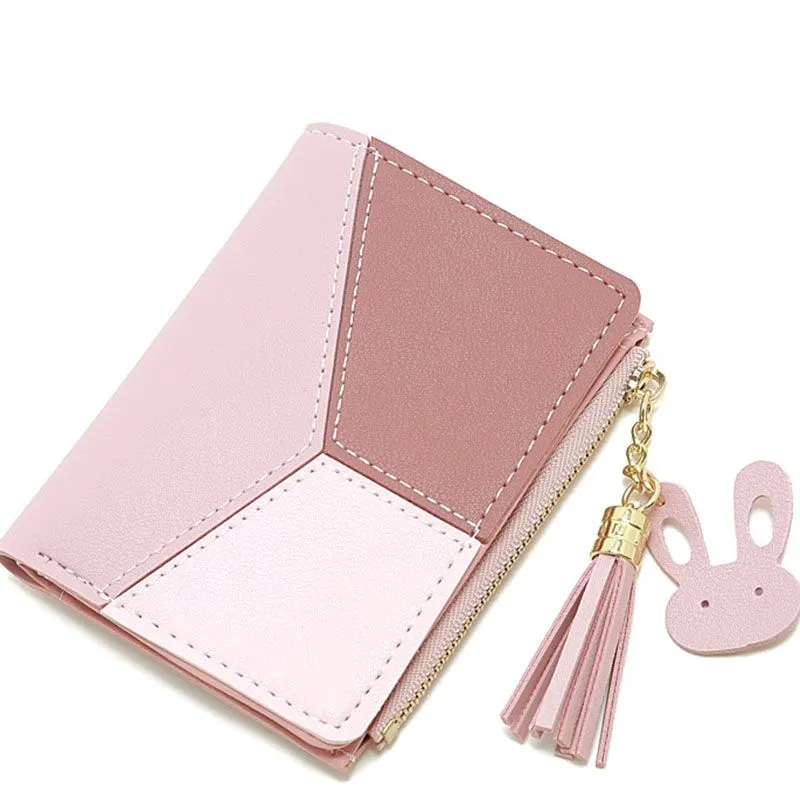 Compact Faux Leather Bi Fold Zipper Pocket Wallet Color Block Credit Card Wallets