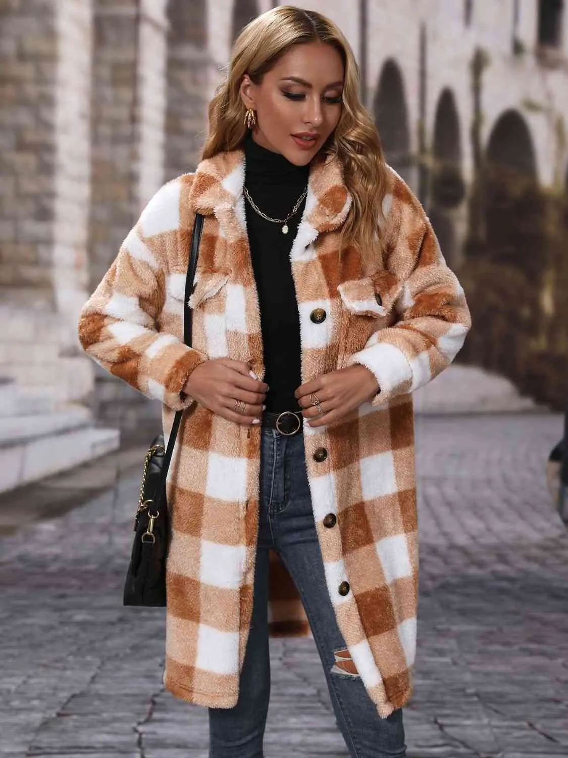 Cozy Plaid Collared Button Down Coat