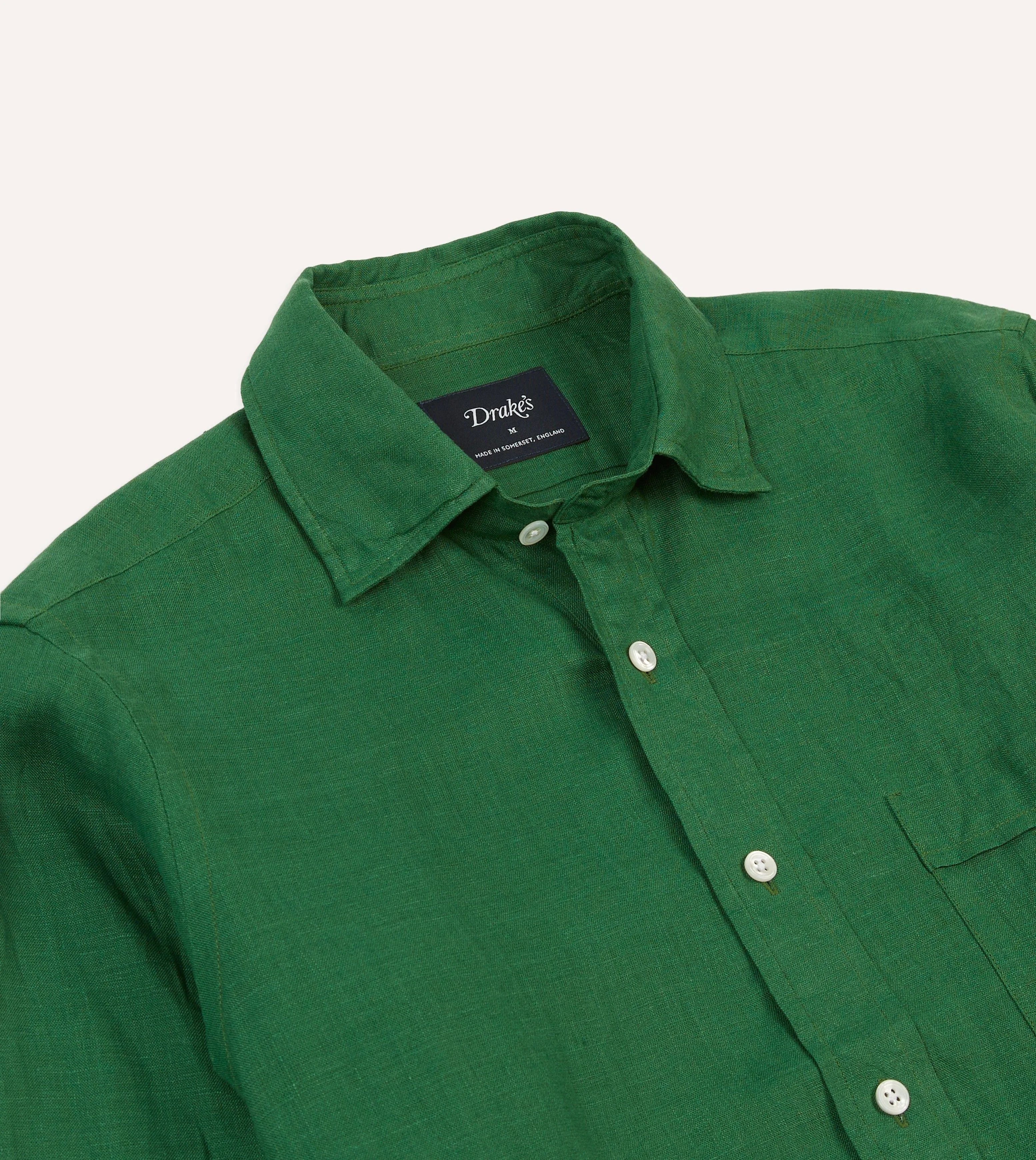 Forest Green Linen Spread Collar Shirt