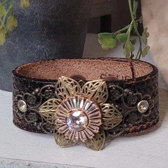 Leather Hand Made Snap Bracelet Cuffs with Shiny Jewelry Bling