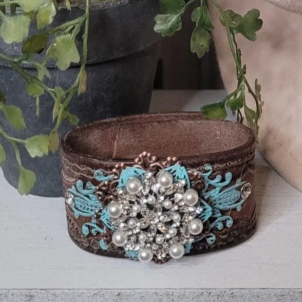 Leather Hand Made Snap Bracelet Cuffs with Shiny Jewelry Bling