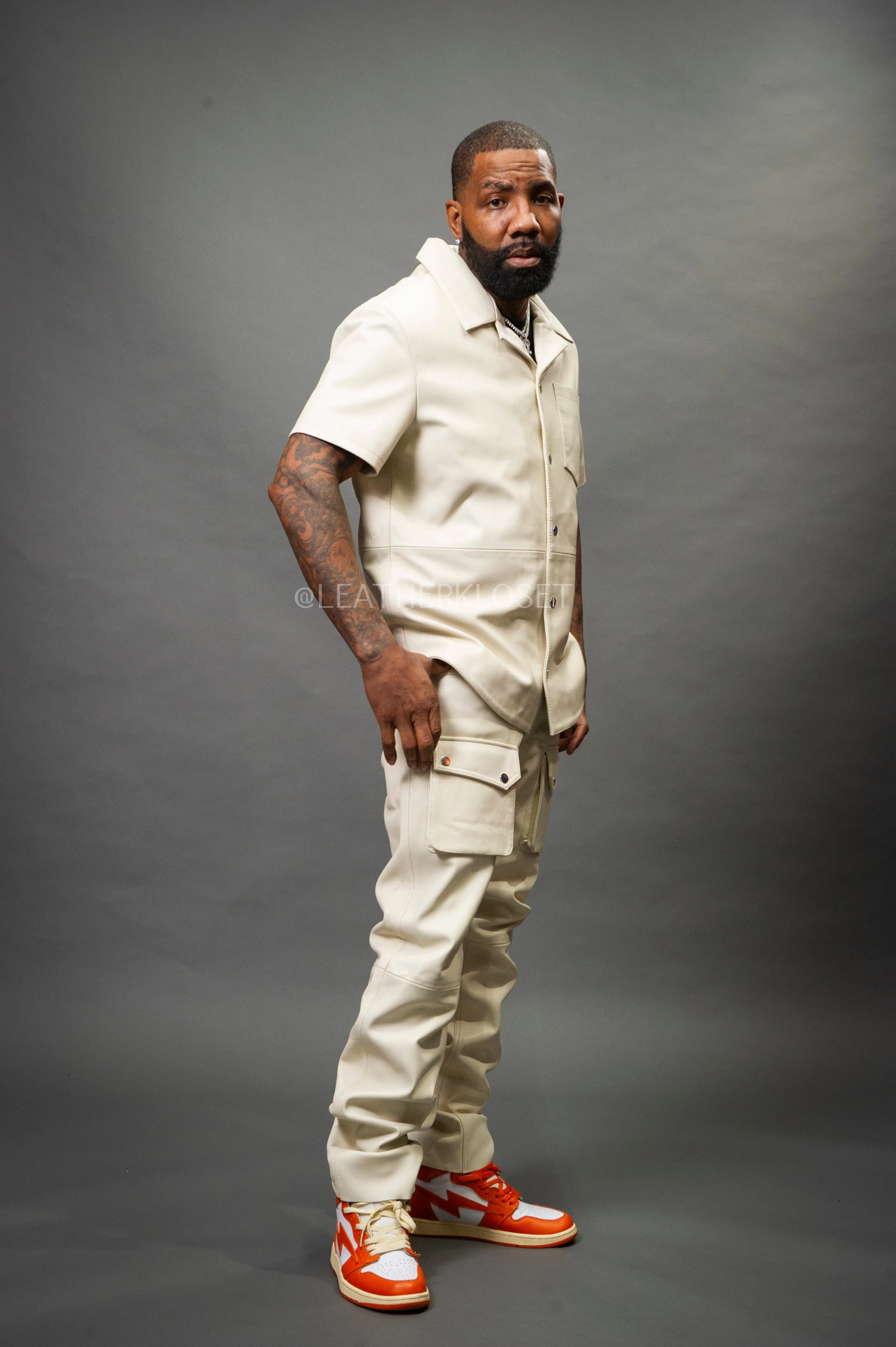 Men's Luka Leather Short Sleeve Shirt And Cargo Pants Set [Beige]