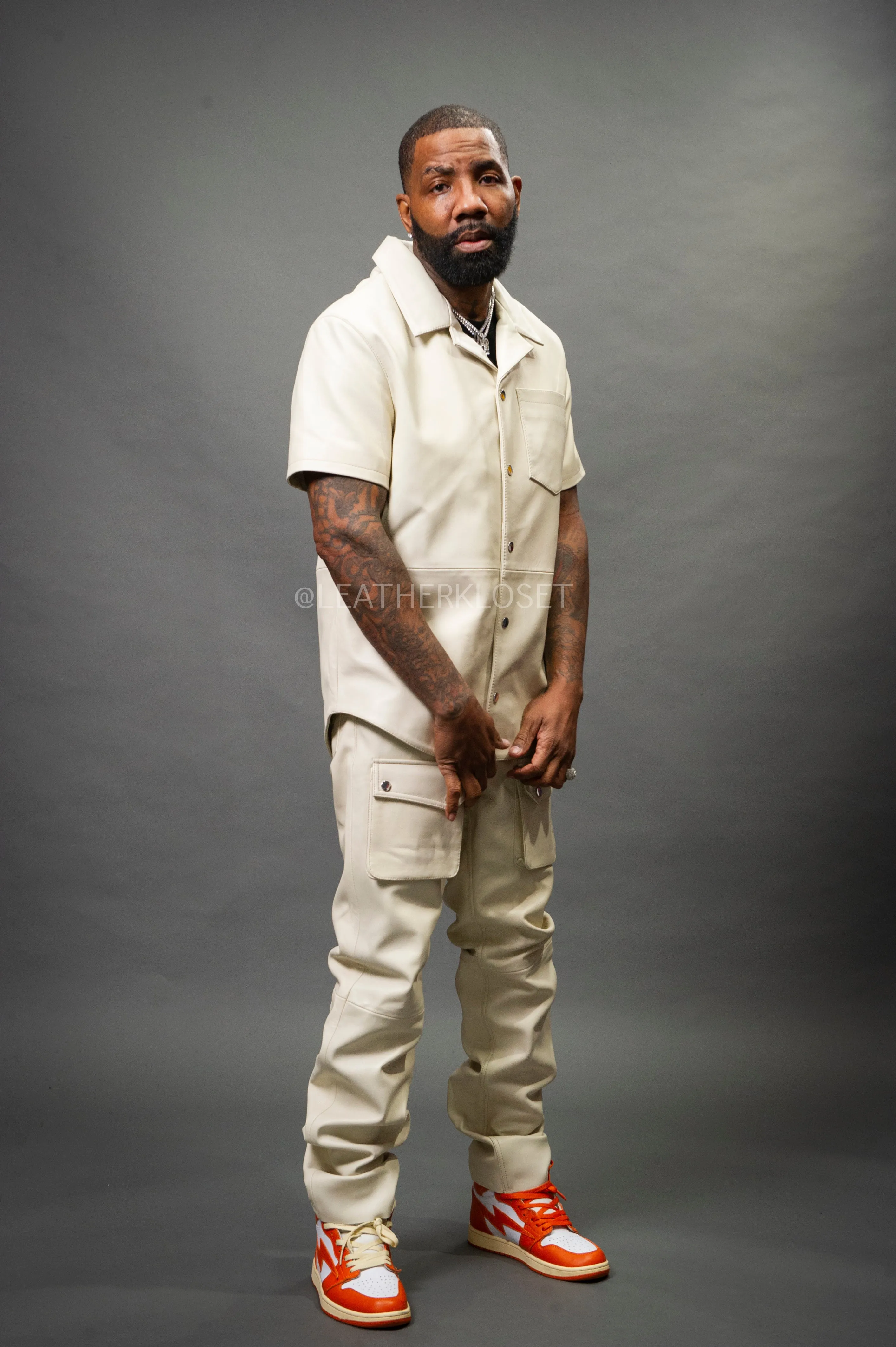 Men's Luka Leather Short Sleeve Shirt And Cargo Pants Set [Beige]