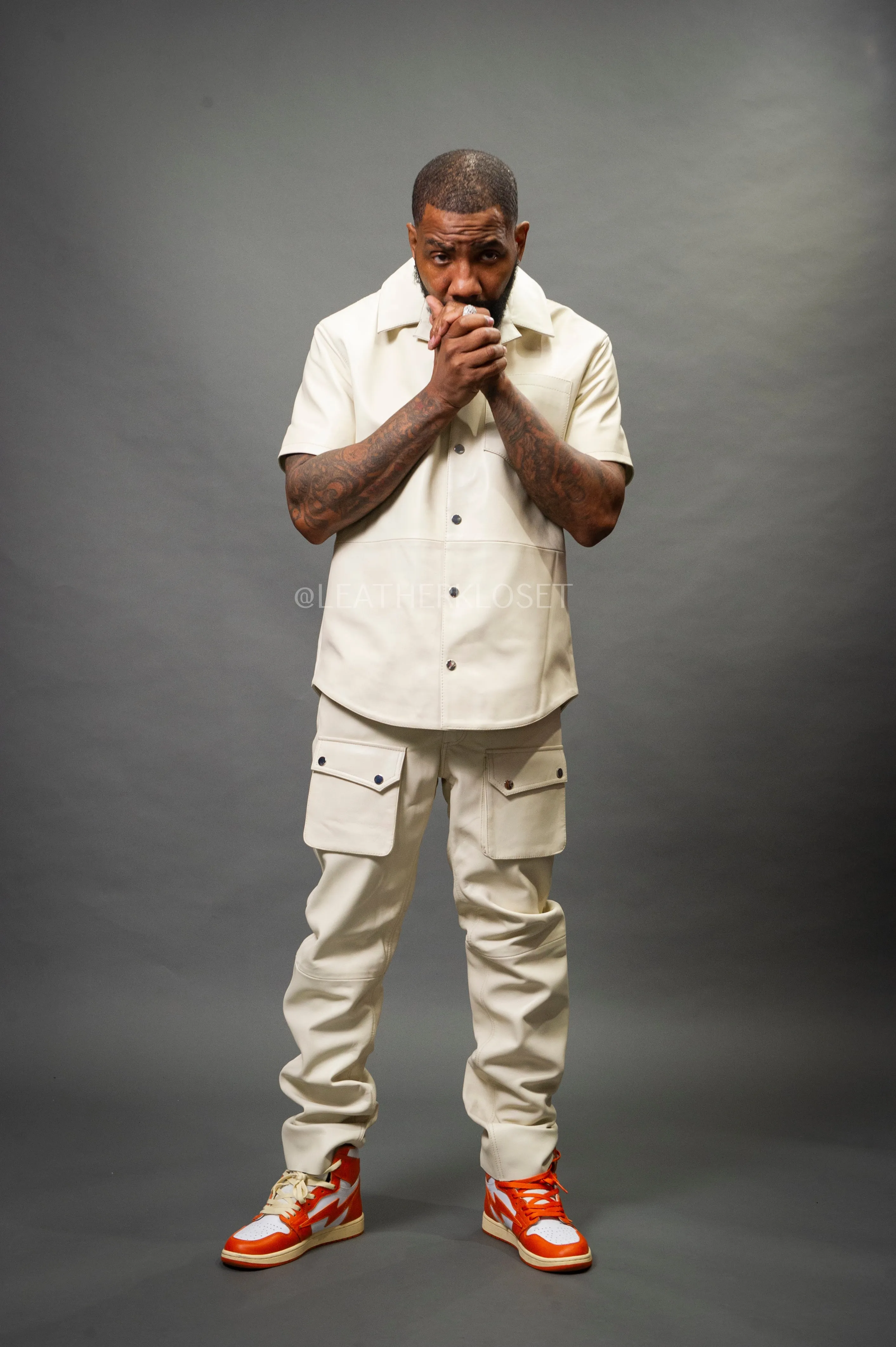 Men's Luka Leather Short Sleeve Shirt And Cargo Pants Set [Beige]