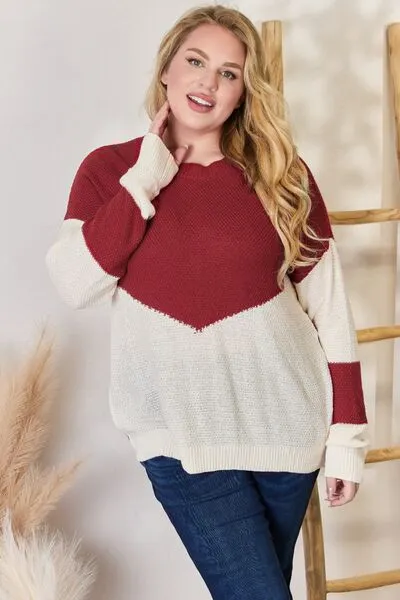 Red Color Block Dropped Shoulder Knit Top