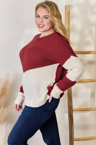 Red Color Block Dropped Shoulder Knit Top