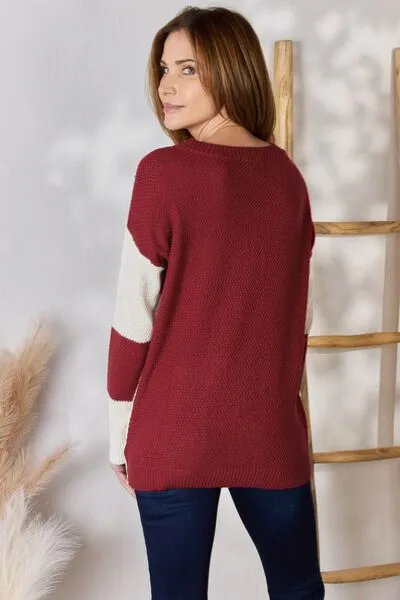 Red Color Block Dropped Shoulder Knit Top