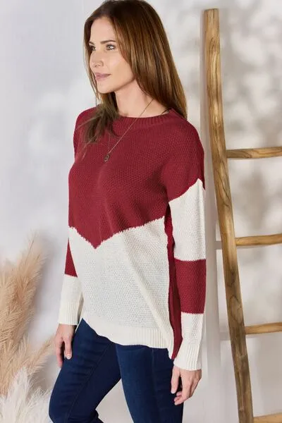 Red Color Block Dropped Shoulder Knit Top