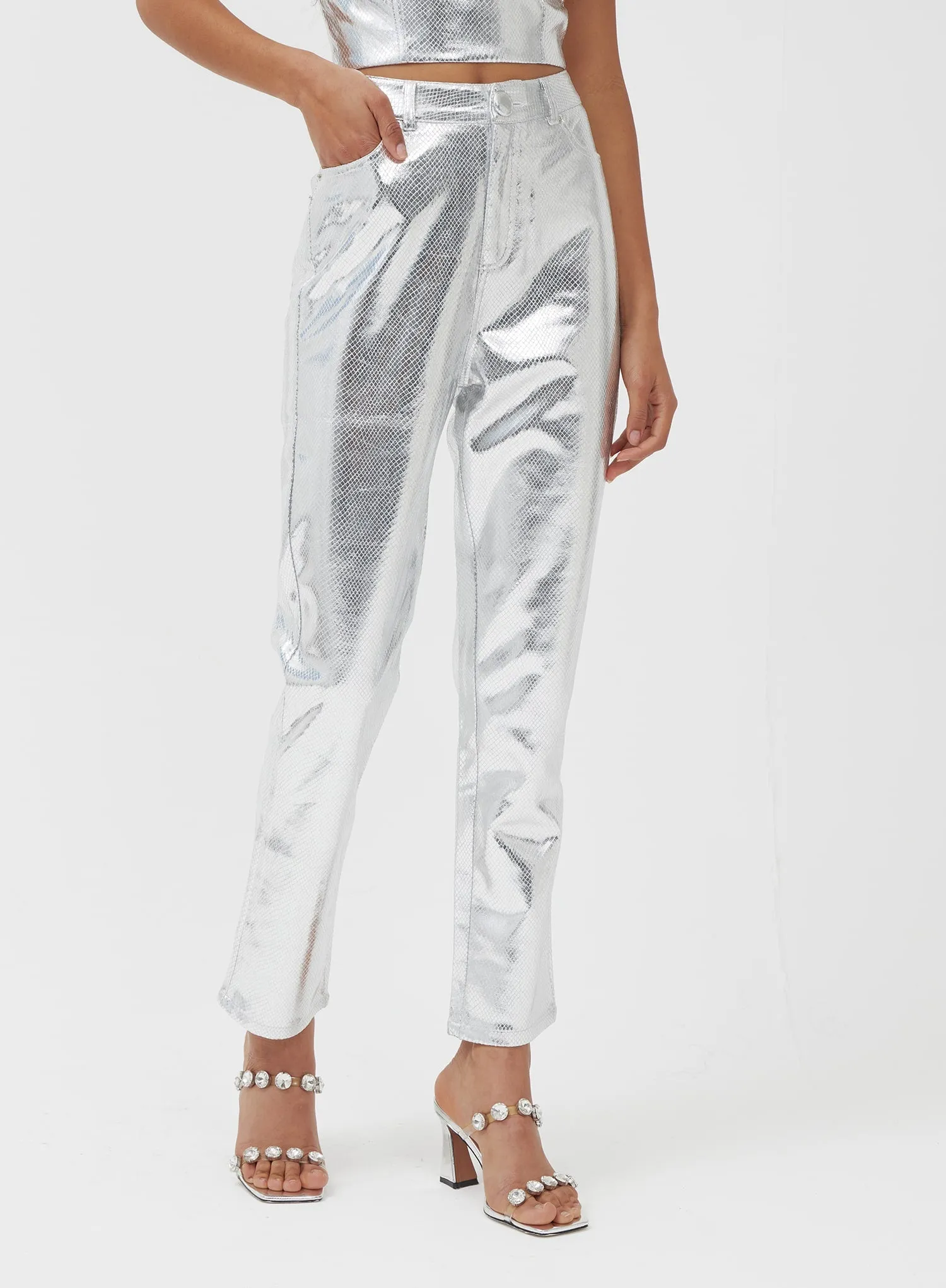 Silver Metallic Faux Leather Trousers - Philo