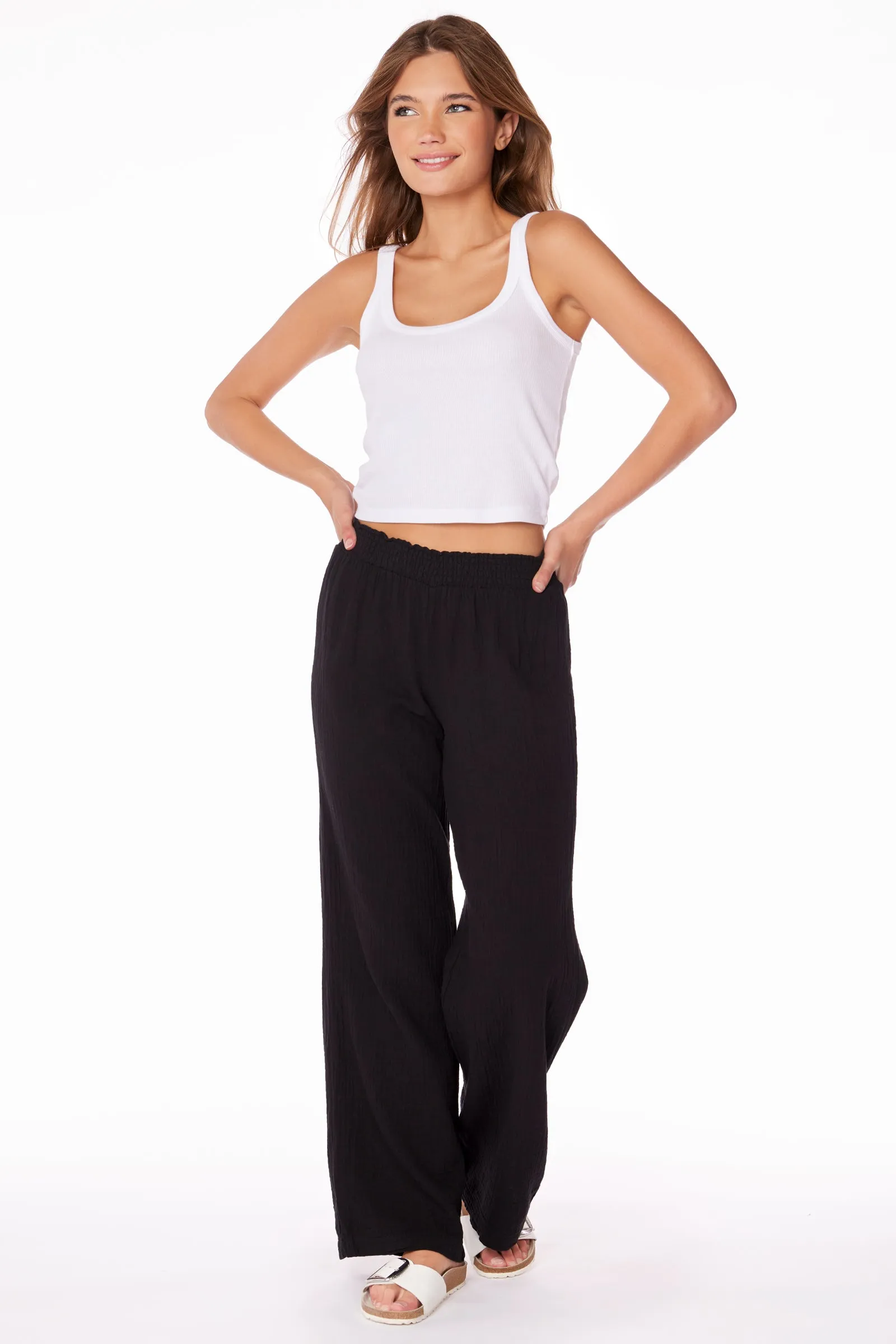 SMOCKED WAIST WIDE LEG PANT