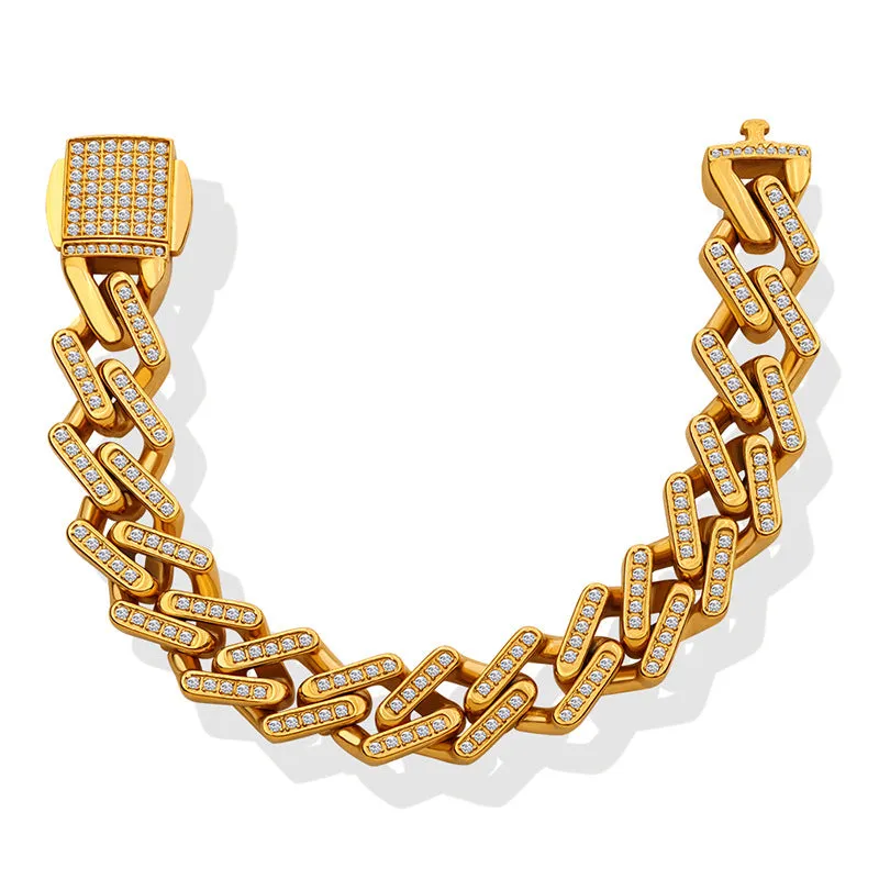 Zircon inlaid titanium steel gold plated Cuban-style bracelet